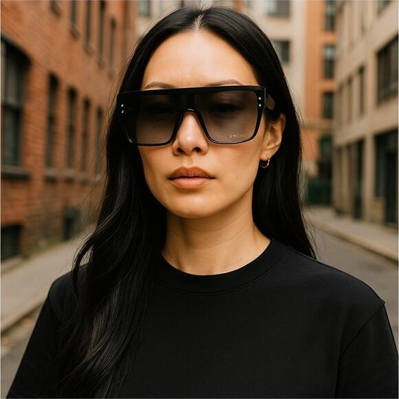 Frye Retro Oversized Squared Shield Sunglasses 100% UV Black Gray - Picture 1 of 8